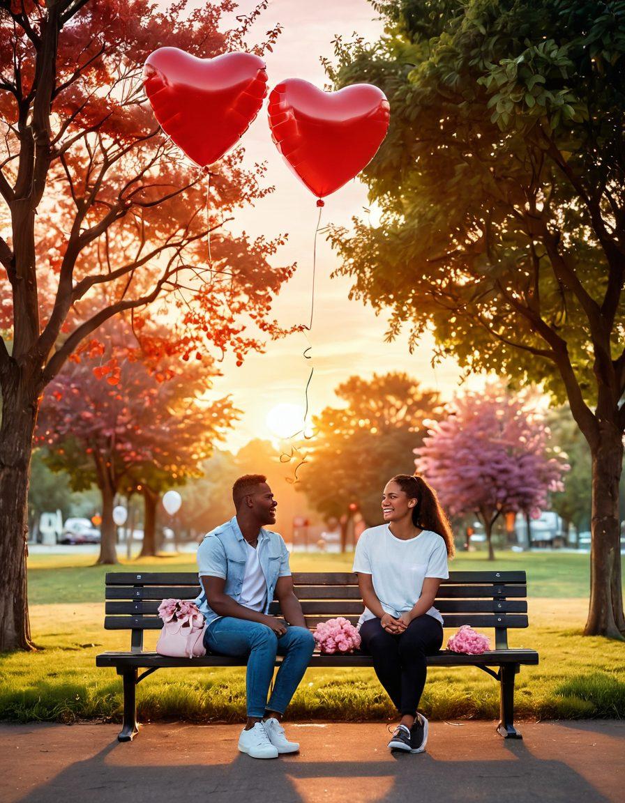 A serene park scene with two friends sitting on a bench, sharing laughter and conversations. Surrounding them are heart-shaped balloons and soft, glowing lights, symbolizing their transition from friendship to soulmates. The background features blooming flowers and a sunset sky, creating a warm and inviting atmosphere. super-realistic. vibrant colors. soft focus.