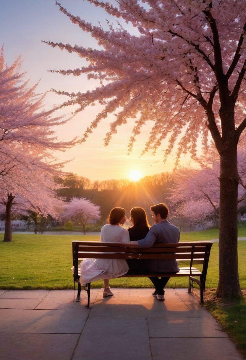 A serene couple sitting on a park bench during sunset, sharing an intimate moment, with soft glows of light surrounding them. In the background, cherry blossom trees gently swaying, symbolizing love and growth. The sky filled with pastel colors enhancing the warmth of their connection. super-realistic. vibrant colors. warm tones.