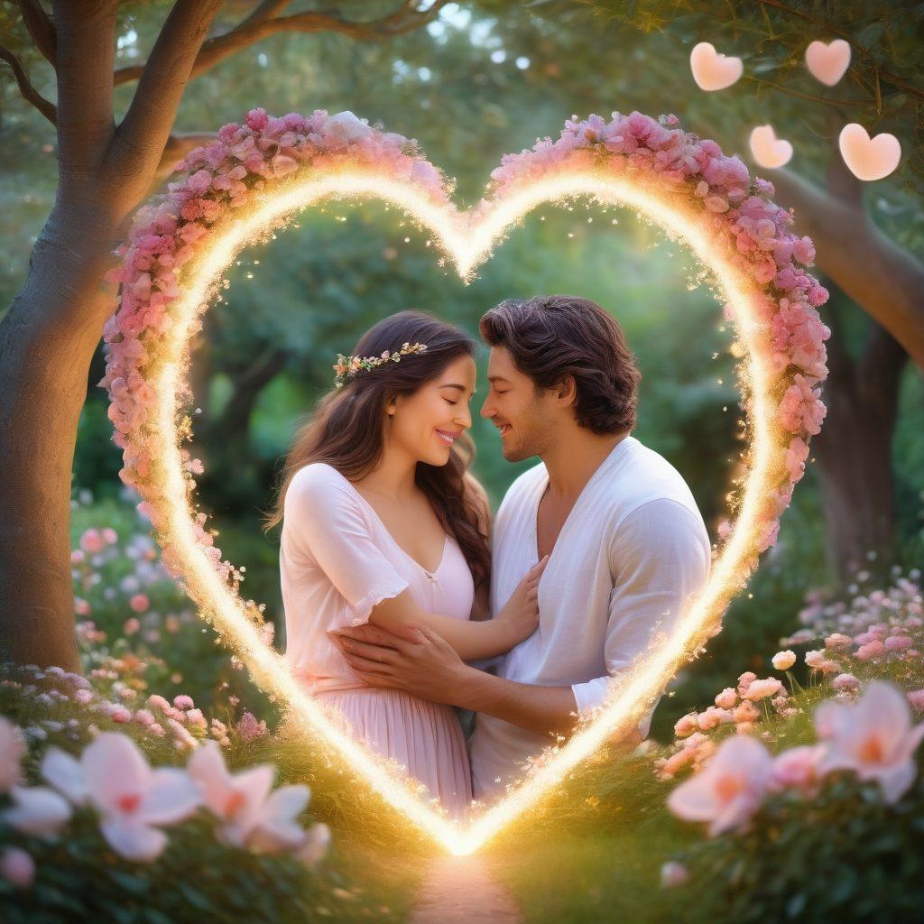 A warm, glowing heart radiating light surrounded by diverse couples embracing and laughing together in a serene garden filled with blooming flowers. Soft pastel colors and gentle sunlight filtering through the trees, creating a magical atmosphere that evokes feelings of love and connection. Romantic symbols like intertwined rings and doves subtly integrated in the background. super-realistic. vibrant colors. soft focus.